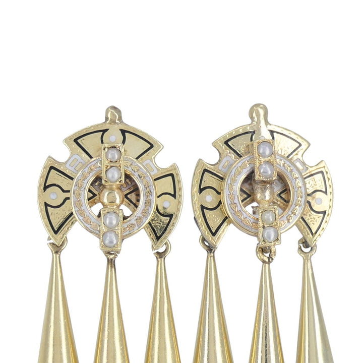 Victorian 14k Gold Enamel Seed Pearl Mechanical Drop Earrings