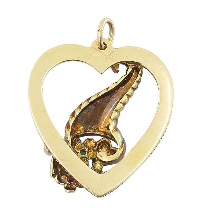 Vintage 14k Gold Heart Pendant Gemstone Cornucopia Design