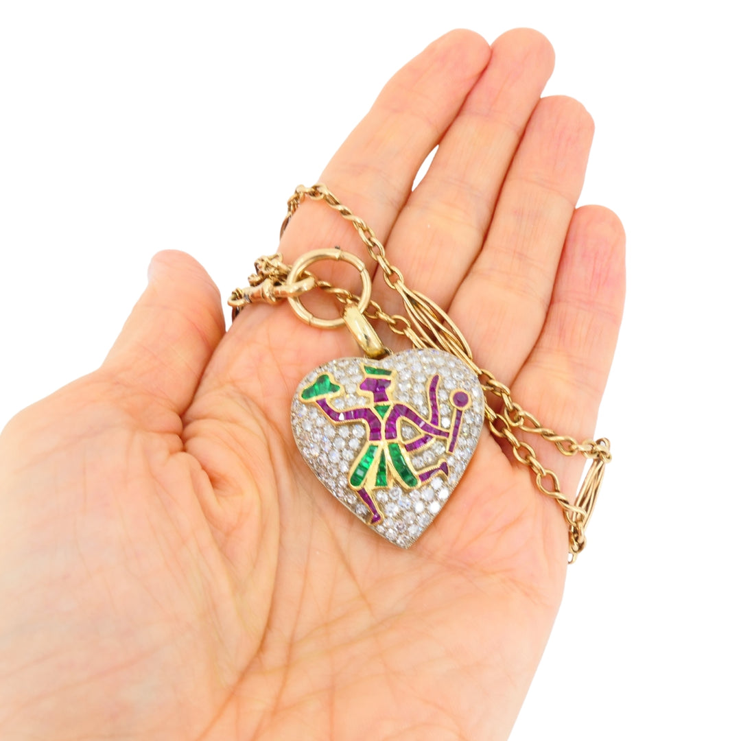 Vintage Heart Pendant Diamond Platinum Indian Mythology Motif 14k Chain