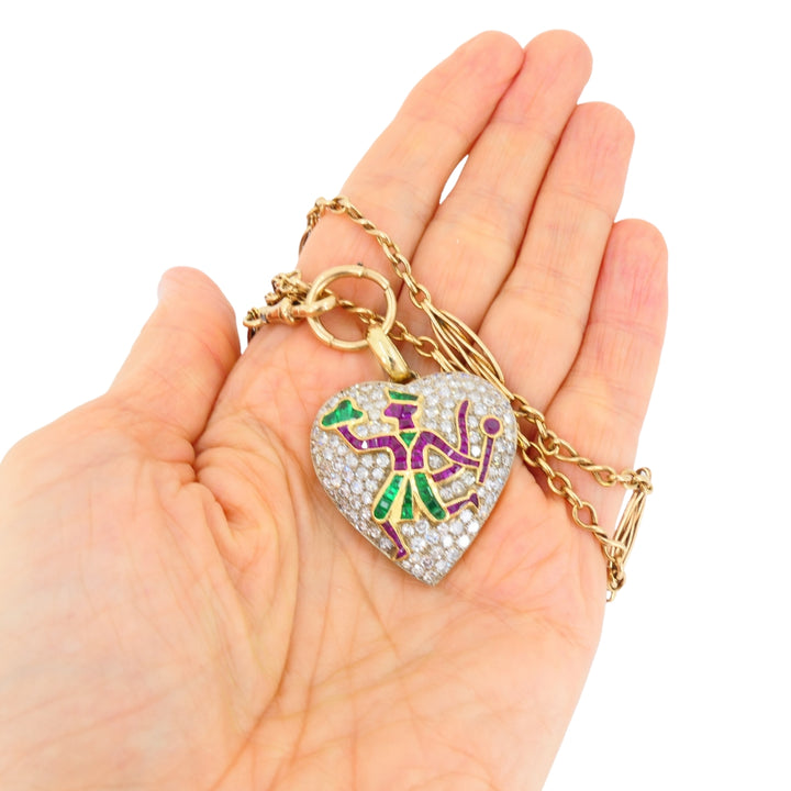 Vintage Heart Pendant Diamond Platinum Indian Mythology Motif 14k Chain