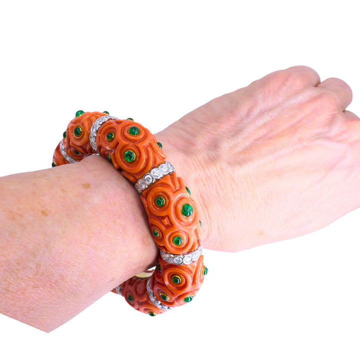 Steven Grotell Platinum and 18k Gold Bracelet Diamond Emerald Carved Coral