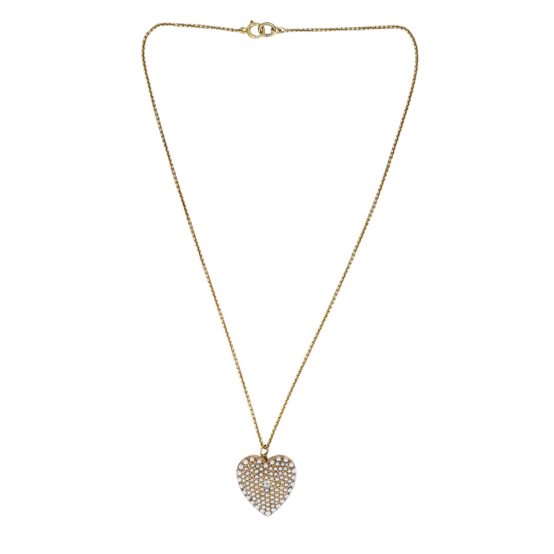 Vintage 14k Gold Diamond Pearl Heart Pendant Necklace