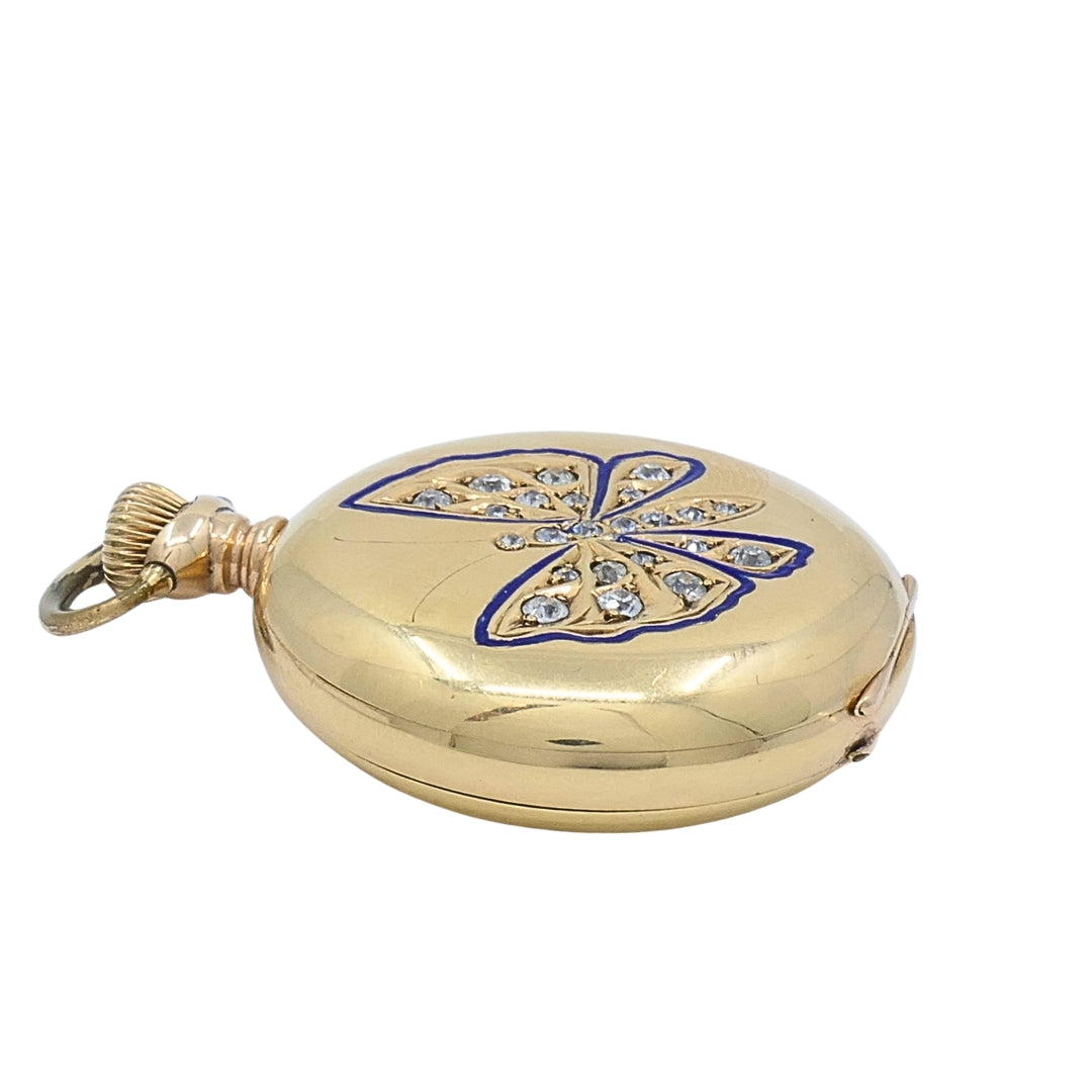 Antique Elgin 14K Gold Keystone Hunter Case Pocket Watch Diamond Butterfly