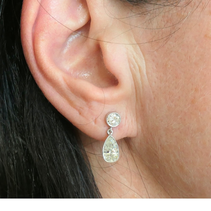 Platinum Drop Earrings Pear Cut Diamond and Round Brilliant Cut