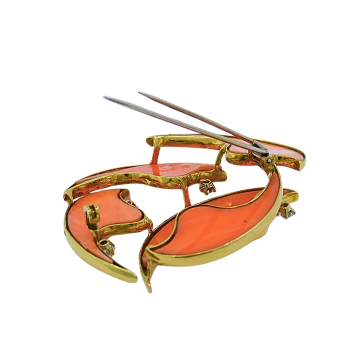 French Vintage Coral Diamond Brooch 18k Gold