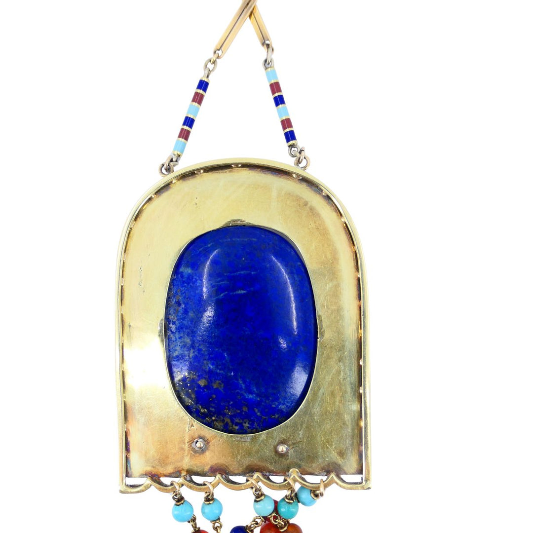 Egyptian Revival 14k Gold Gemstones Enamel Pendant Necklace