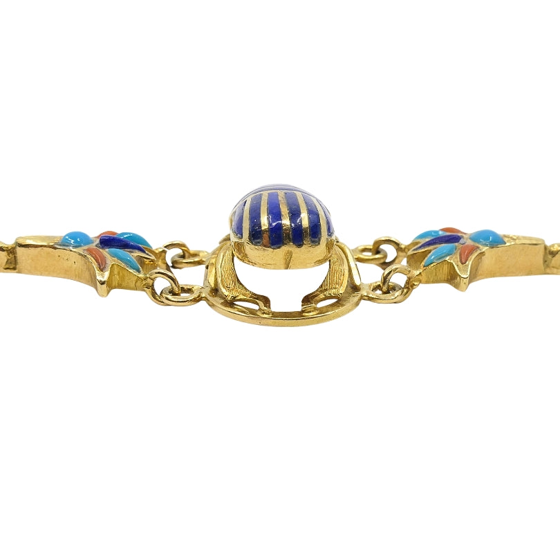 21k Gold Egyptian Revival Scarab Turquoise Coral Enamel Bracelet