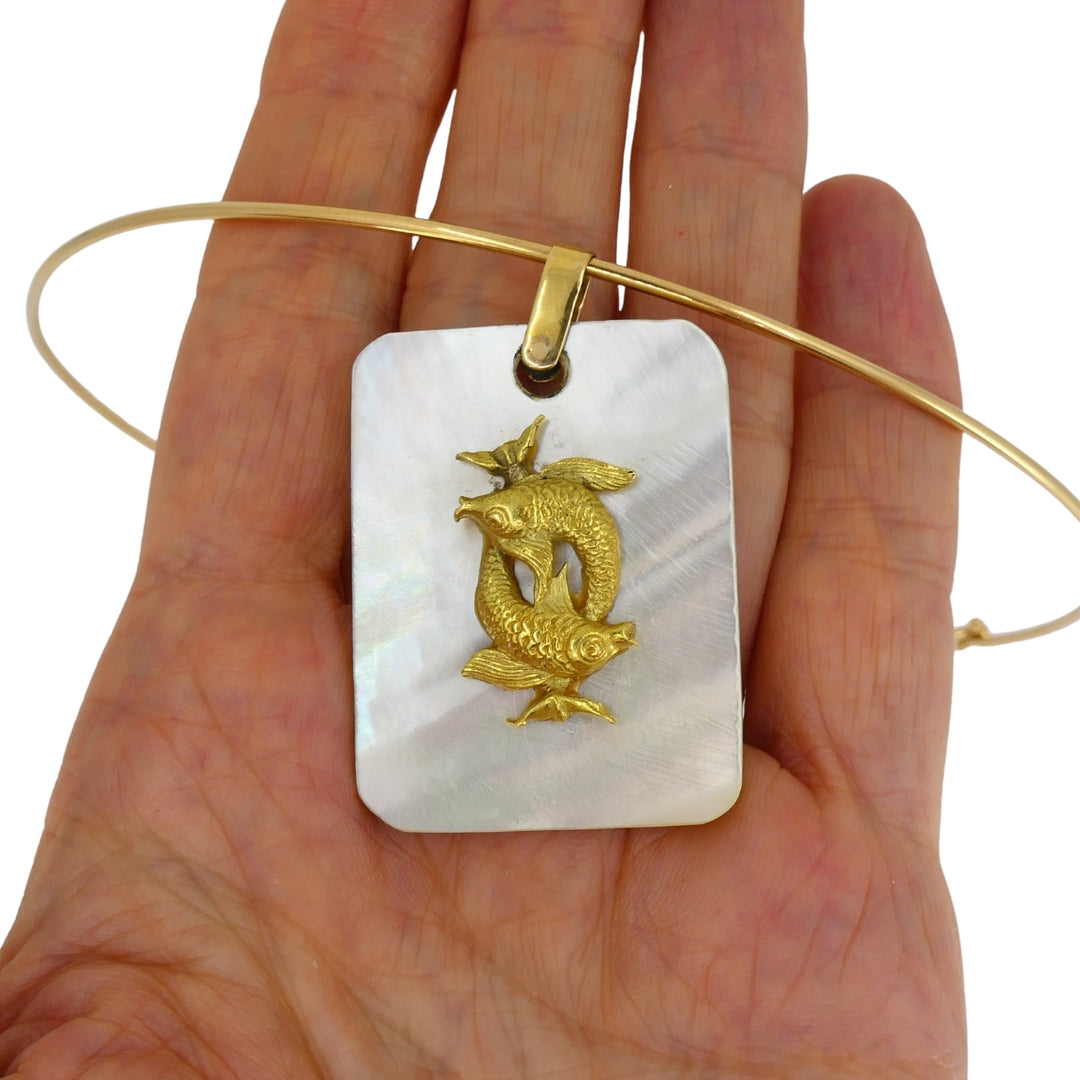 Vintage Pisces Pendant 18k Gold MOP 14k Gold Collar Necklace