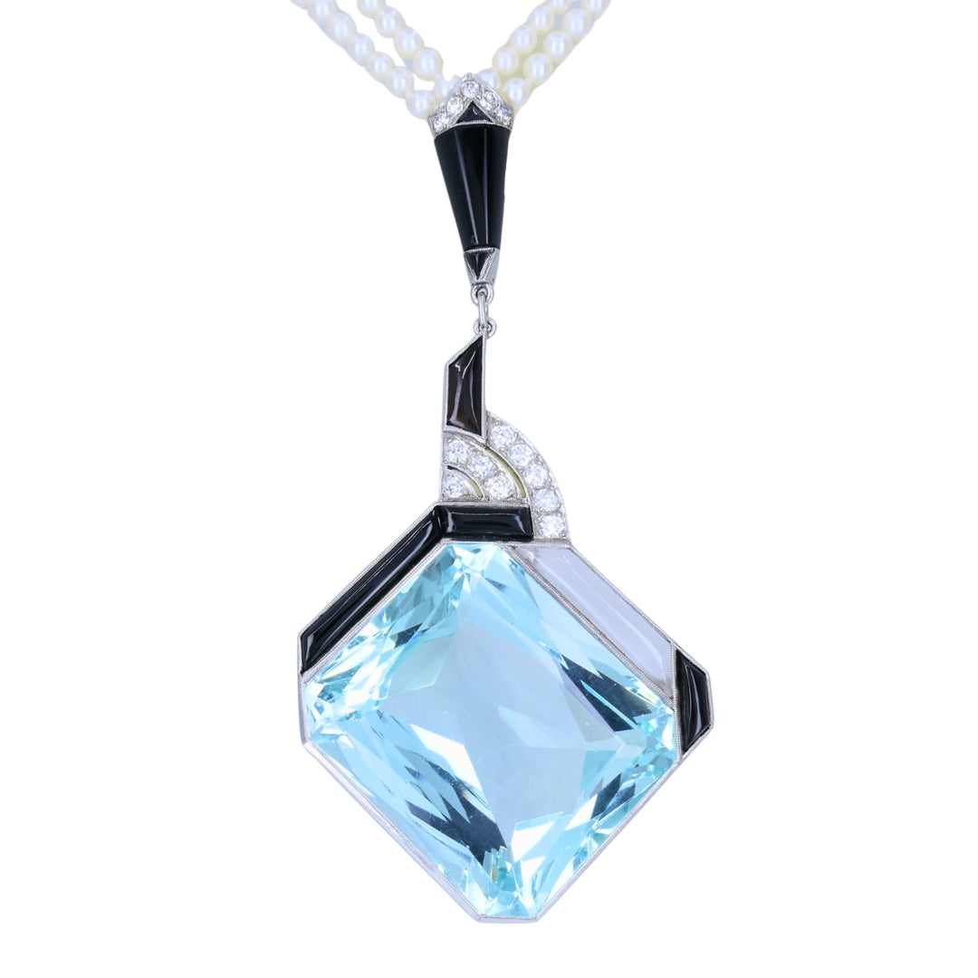 Art Deco Platinum Aquamarine Black Onyx Diamond Pearl Necklace