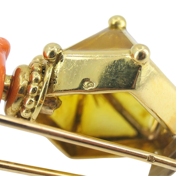 Vintage French 18k Gold Coral Diamond Clip Brooch