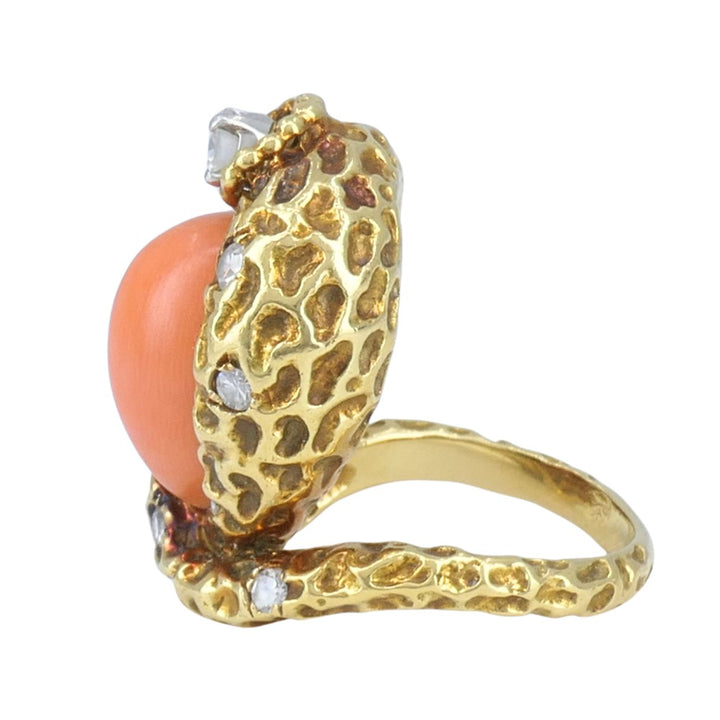 Vintage French 18k Gold Diamond Coral Cobra Snake Ring