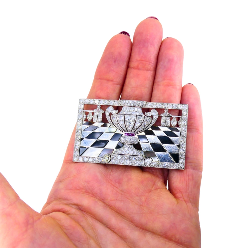 Art Deco Platinum Diamond Brooch Black Onyx Ruby 1920s Vintage Jewelry