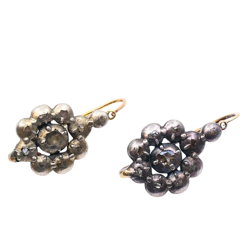 Georgian Silver Earrings 14k Gold Wires Rose Cut Diamonds
