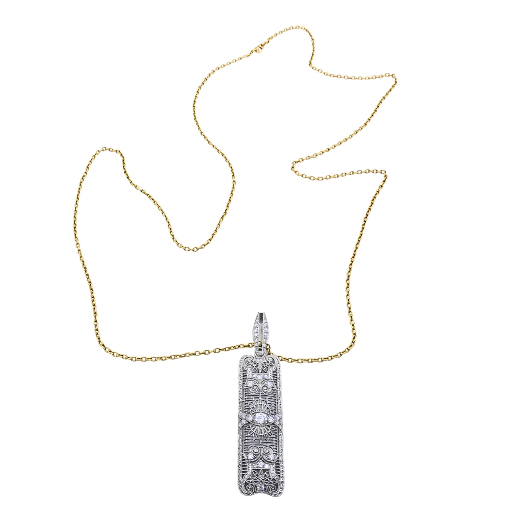 Art Deco Platinum Diamond Filigree Pendant 14k Gold Chain Necklace
