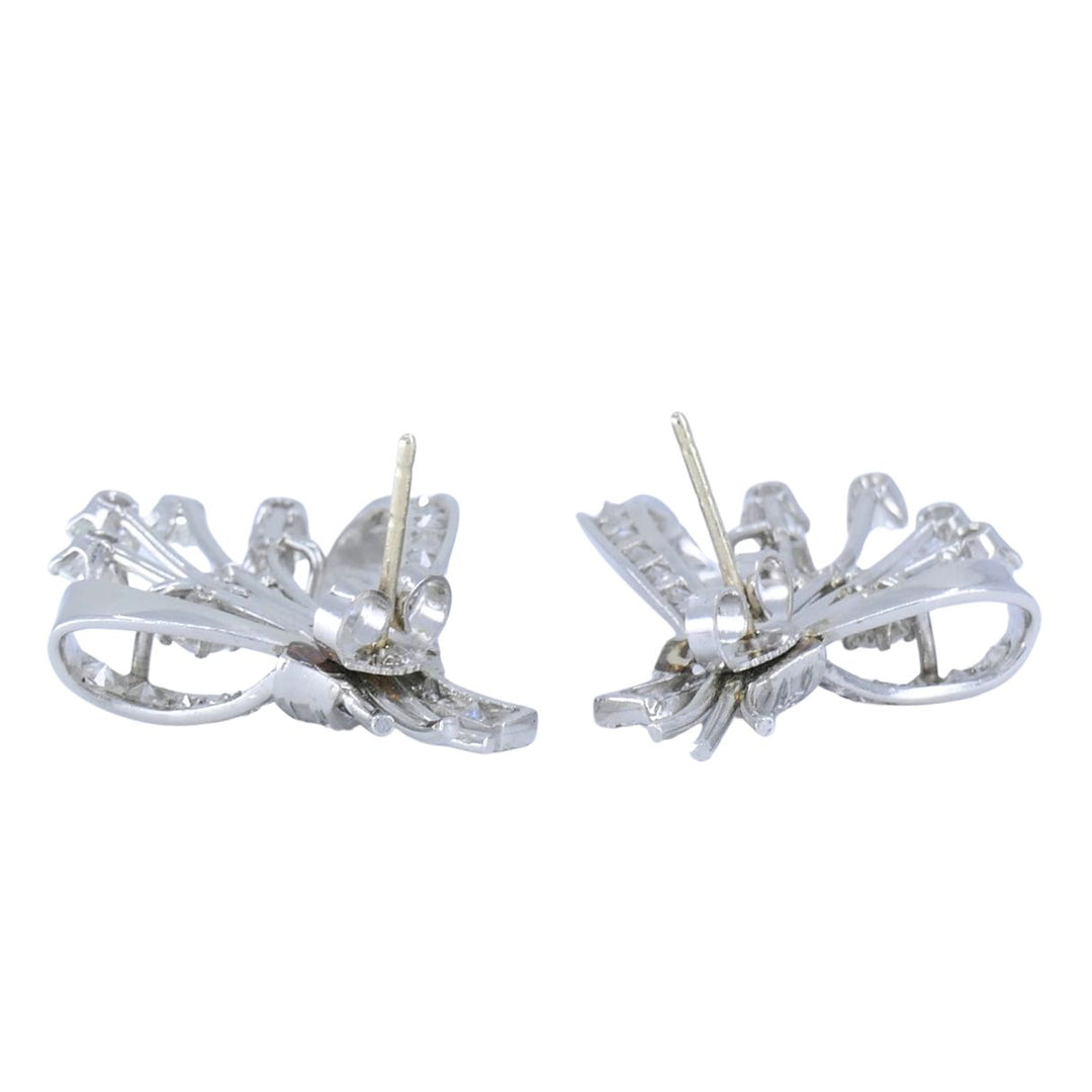 Mid Century Platinum Diamond Spray Earrings 4.30 Carats Bow Motif Gold Posts