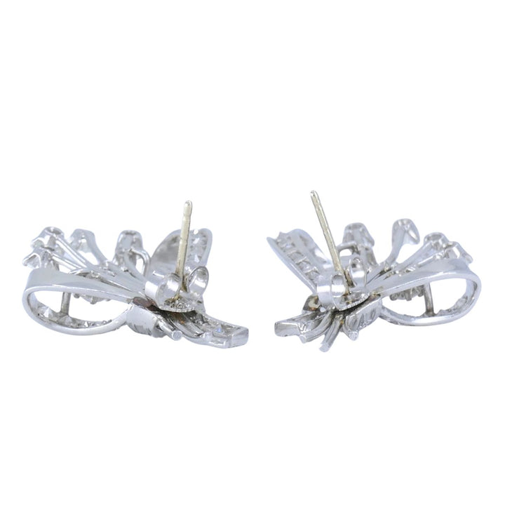 Mid Century Platinum Diamond Spray Earrings 4.30 Carats Bow Motif Gold Posts