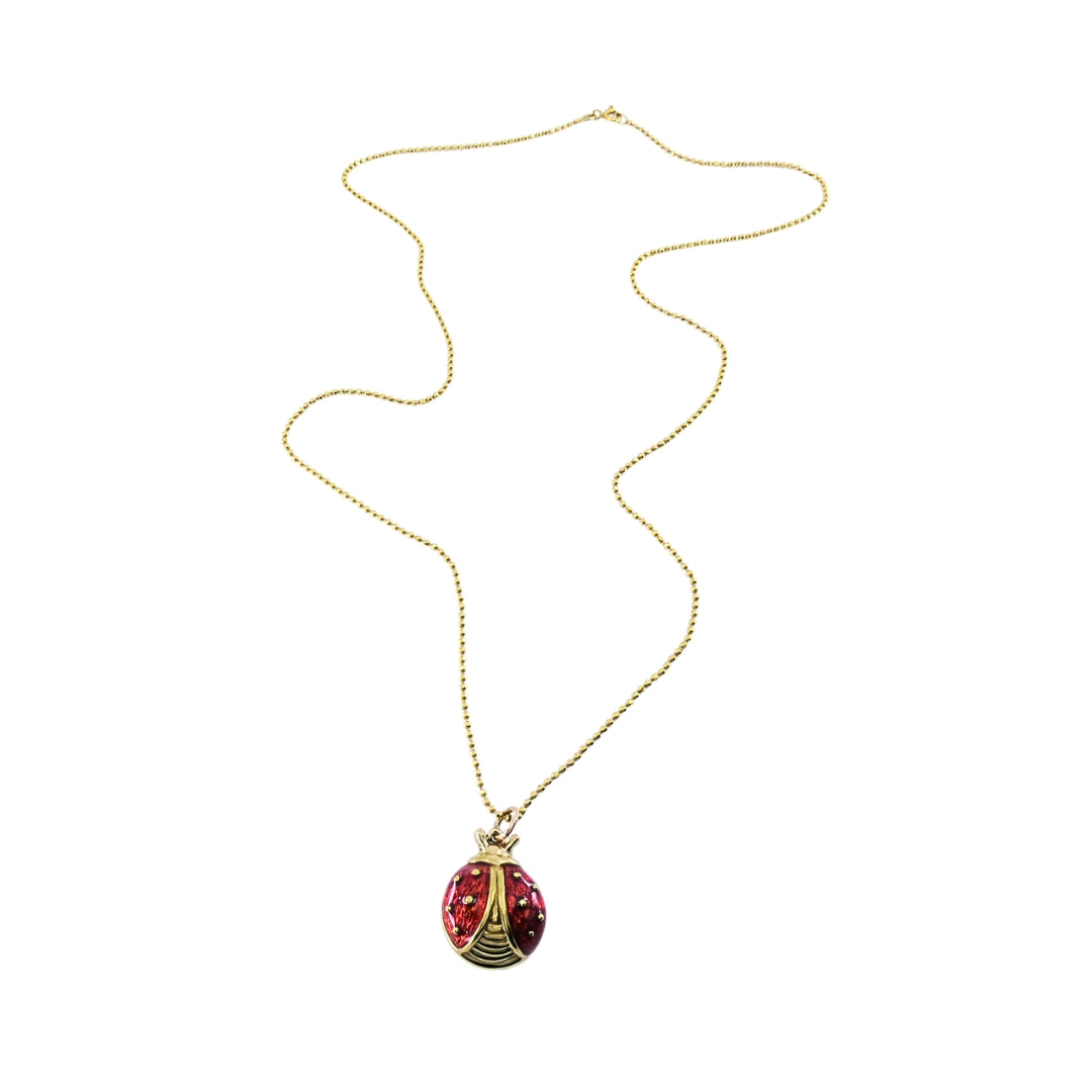 18k Gold Enamel Ladybug Pendant 14k Gold Chain Necklace