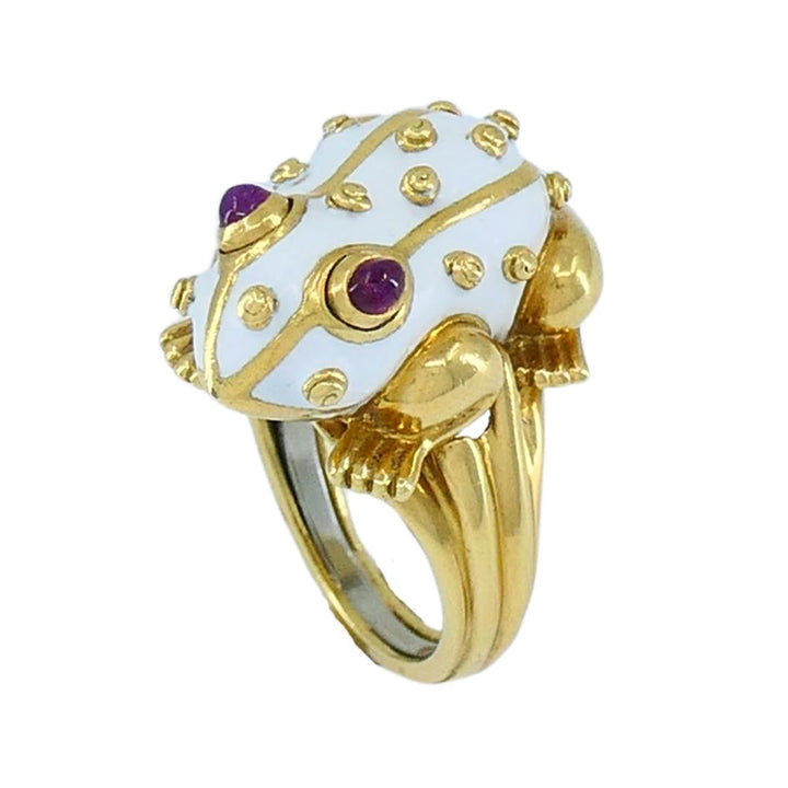 1990s David Webb 18k Gold White Enamel Ruby Frog Ring