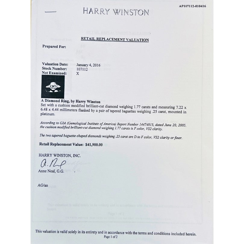 Harry Winston Engagement Ring Cushion Cut Diamond 1.77-ct F/VS2 GIA Estate