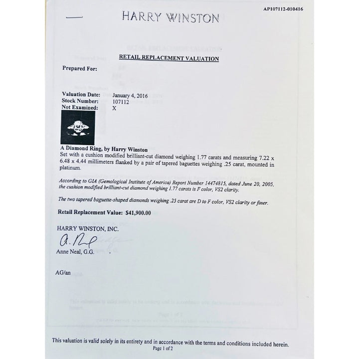 Harry Winston Engagement Ring Cushion Cut Diamond 1.77-ct F/VS2 GIA Estate