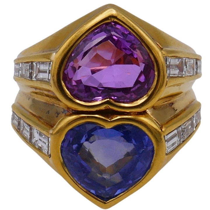 1980's Bulgari 7.67 Carat Blue and Pink Sapphire and Diamond Double Heart Ring w/ GIA