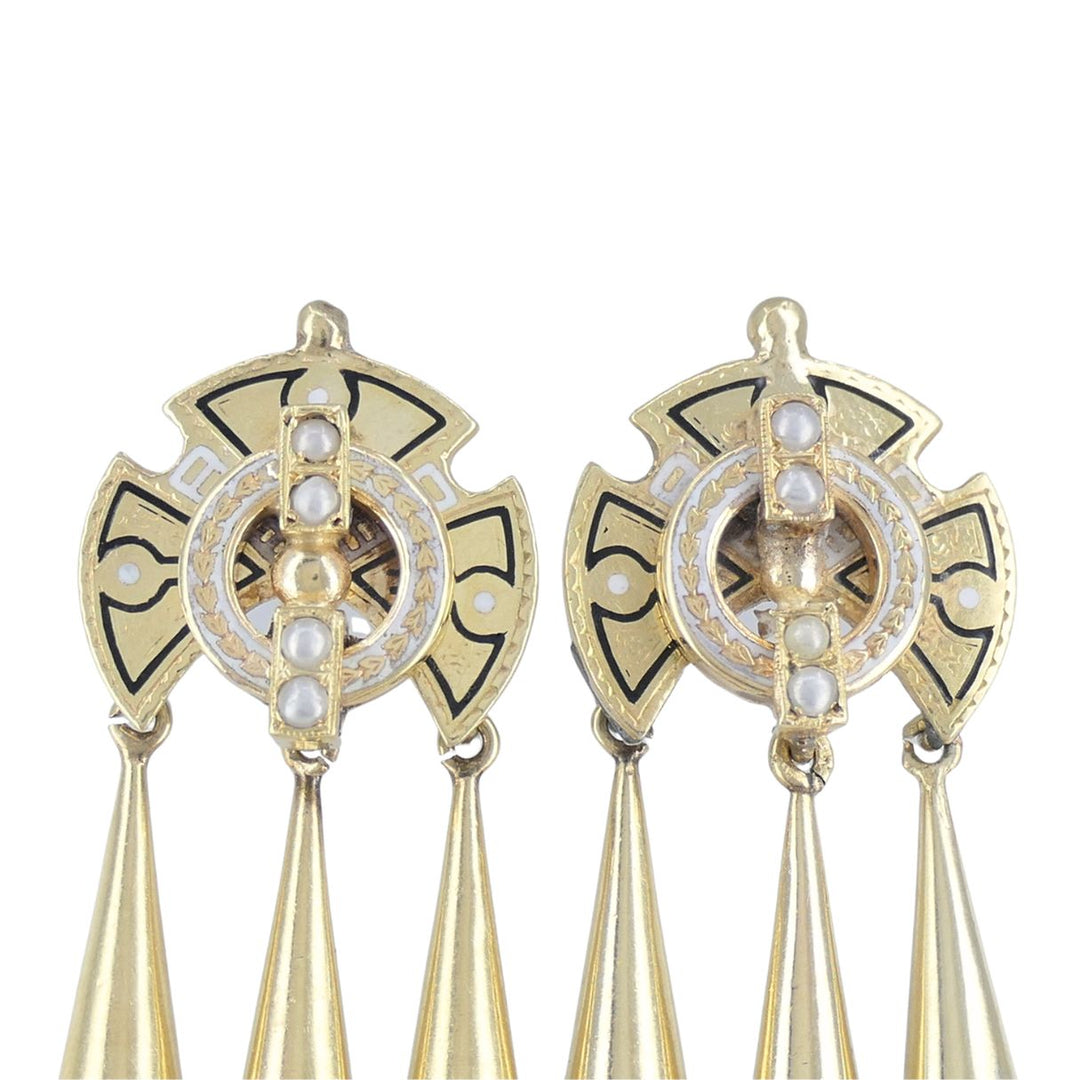Victorian 14k Gold Enamel Seed Pearl Mechanical Drop Earrings