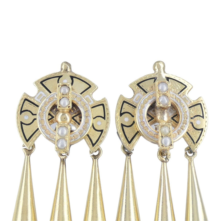 Victorian 14k Gold Enamel Seed Pearl Mechanical Drop Earrings