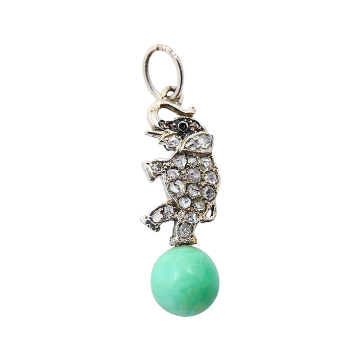 Antique Platinum‑Topped 14k Gold Diamond Elephant Charm Green Bead Accent