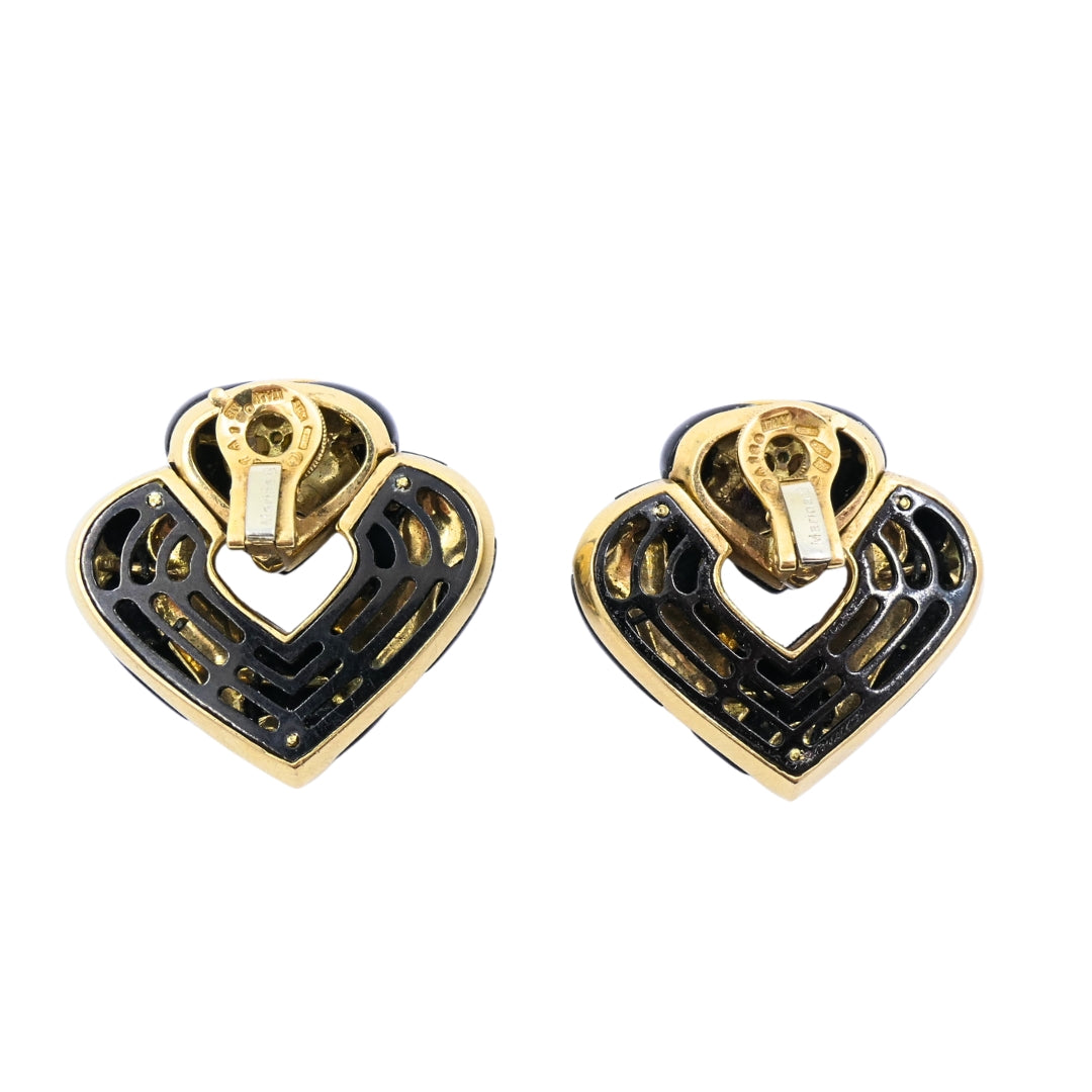 Marina B 18k Gold Black Enamel Heart Earrings Vintage Italian Designer Clip-Ons