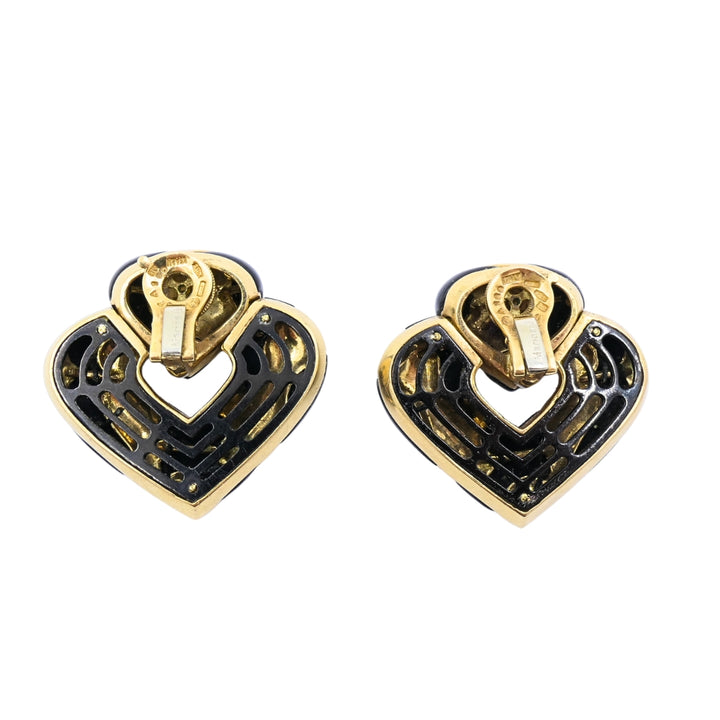Marina B 18k Gold Black Enamel Heart Earrings Vintage Italian Designer Clip-Ons