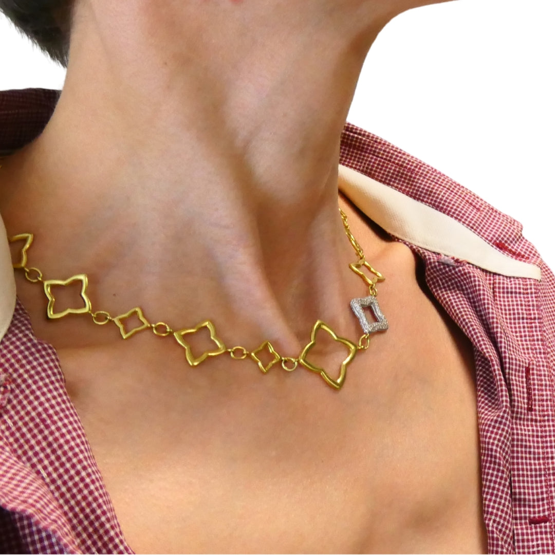 David Yurman Necklace Two-Tone Gold Diamond Quatrefoil Motif