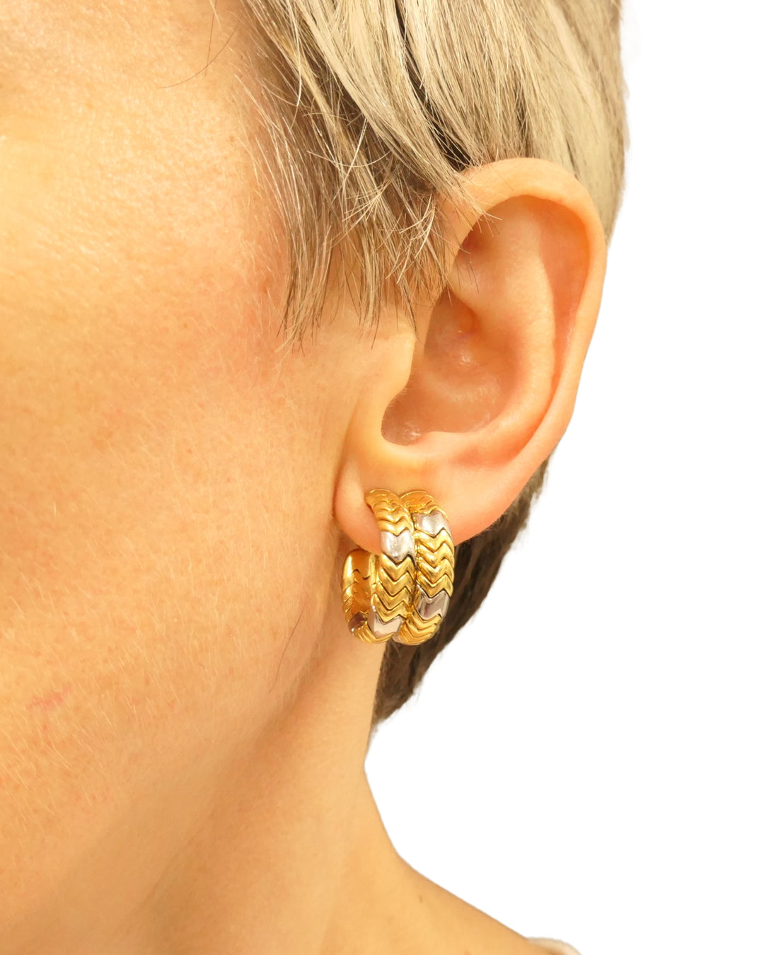 Bvlgari Bulgari Gold Earrings 18k Spiga Collection Two-Tone Chevron Pattern