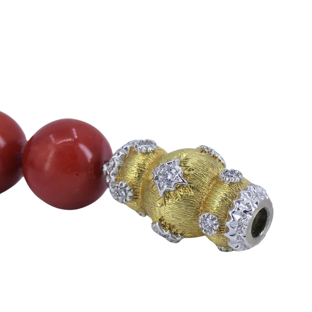 Mario Buccellati 18k Two Tone Gold Diamond Red Coral Bead Necklace 1960s