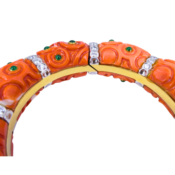 Steven Grotell Platinum and 18k Gold Bracelet Diamond Emerald Carved Coral