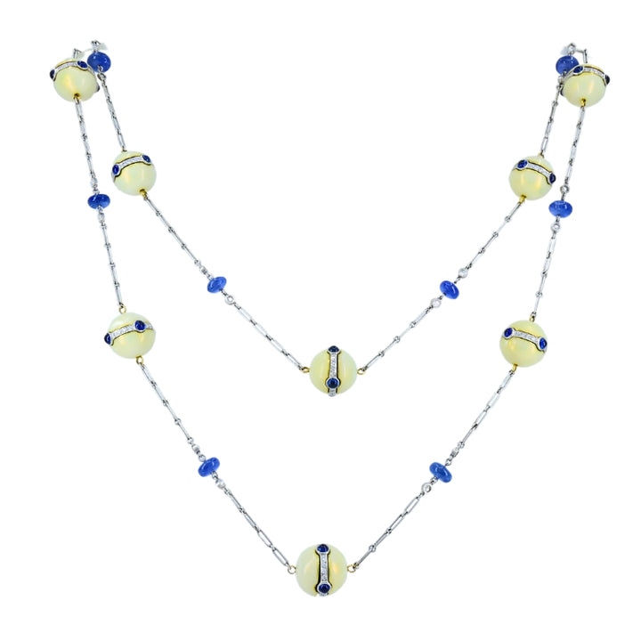 Art Deco Revival Platinum Chain Necklace Diamond Sapphire Enamel Beads