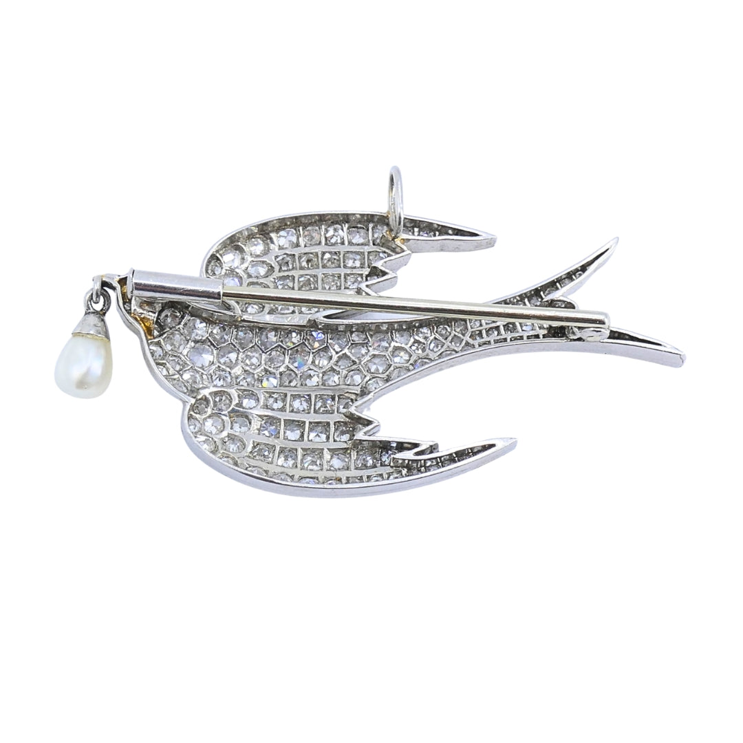 Diamond Pendant Bird Pin with Pearl Drop