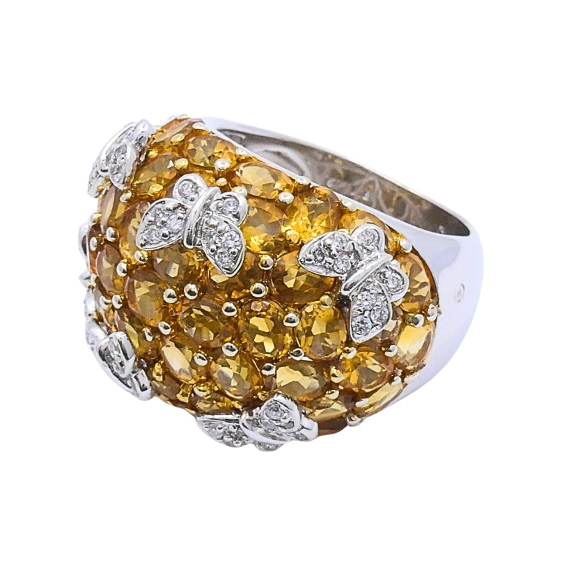 14k White Gold Citrine Diamond Butterfly Dome Ring