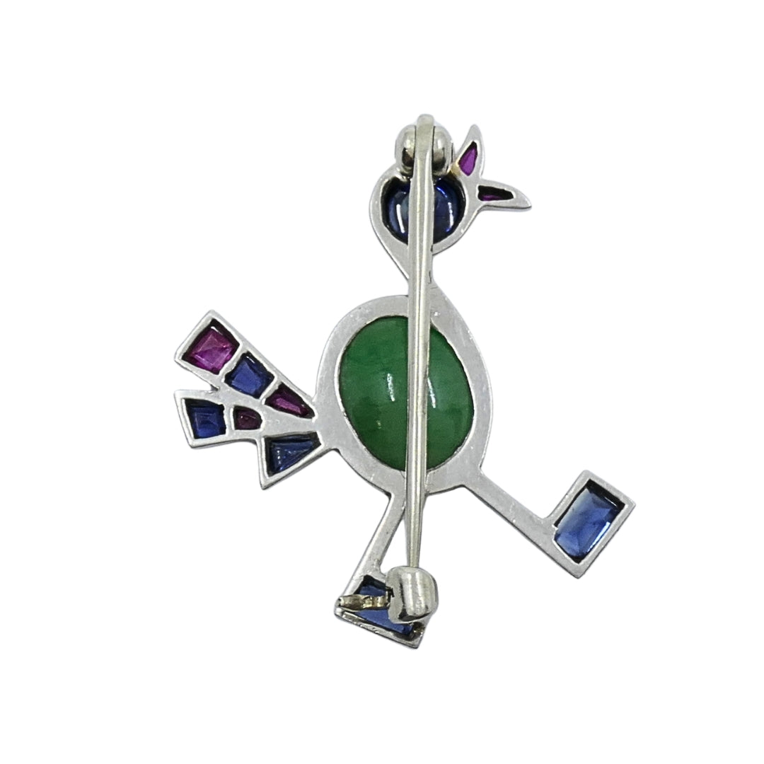 Vintage Modernist 14k White Gold Multigemstone Bird Brooch