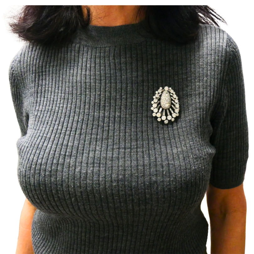 Vintage 1950s Platinum Diamond Peacock Brooch Clip Old European Baguette Cut