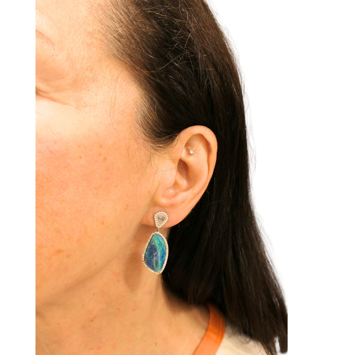 Spectacular Australian Boulder Opal Diamond 18K White Gold Drop Earrings – Electric Blue & Green