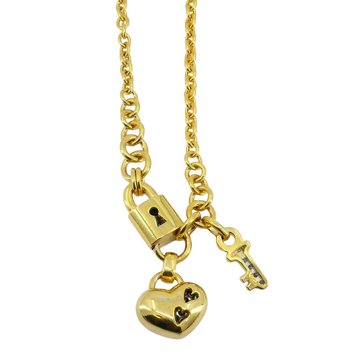 Vintage 18k Gold Diamond Heart Lock Key Pendant Necklace