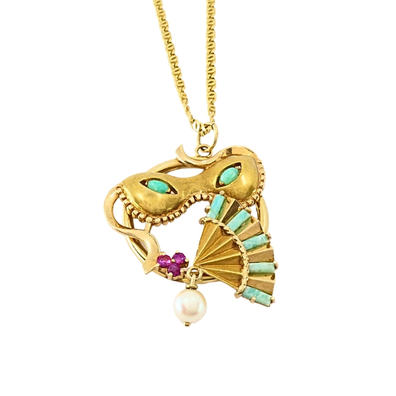 Vintage 14k Gold Masquerade Pendant 18k Gold Chain Necklace