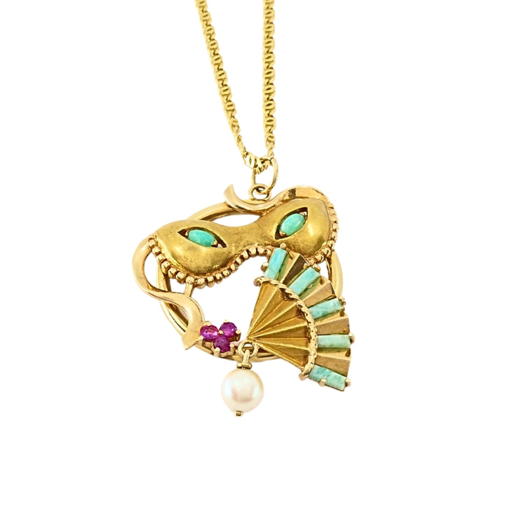 Vintage 14k Gold Masquerade Pendant 18k Gold Chain Necklace