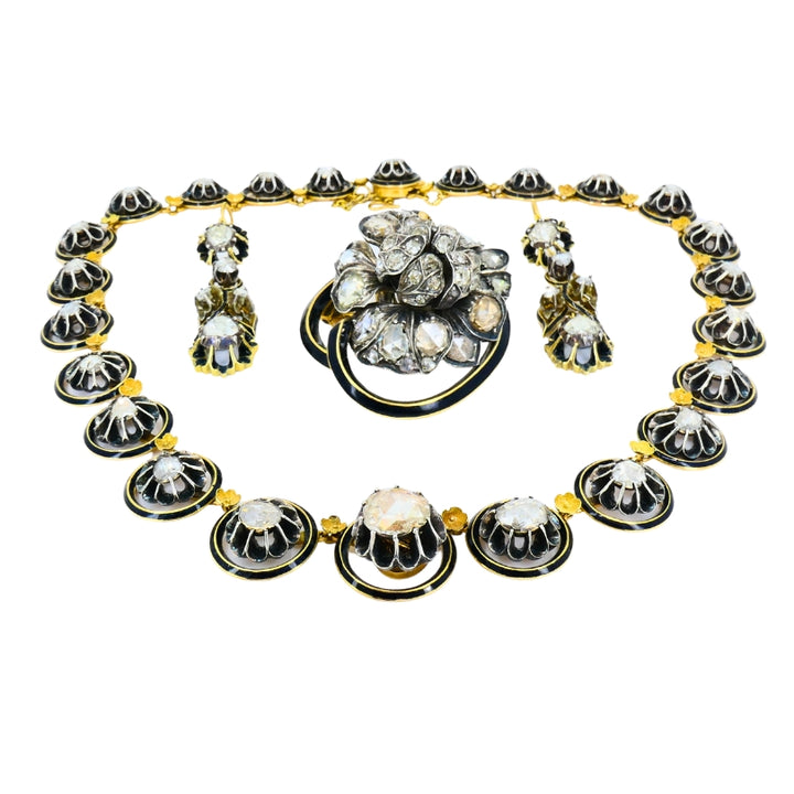 Georgian Parure Set Gold Silver Rose Cut Diamond Necklace Earrings Brooch