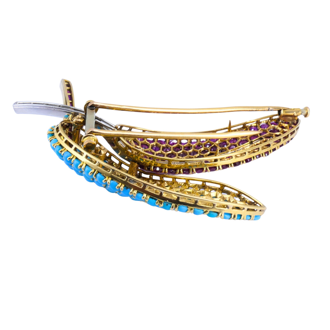 18k Gold Turquoise Ruby & Diamond Vintage Brooch and Earrings Set French Jewelry