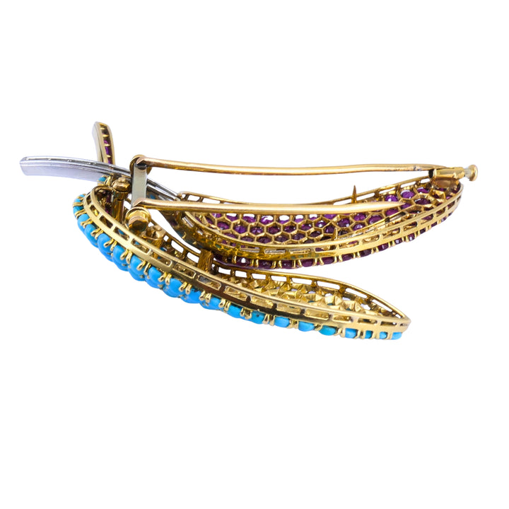 18k Gold Turquoise Ruby & Diamond Vintage Brooch and Earrings Set French Jewelry