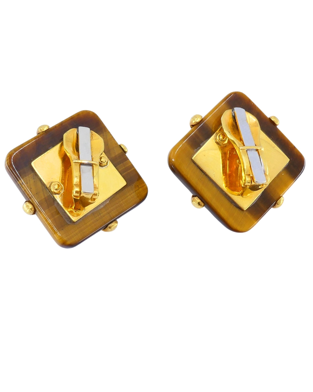 Aldo Cipullo Tiger’s Eye Earrings Chrysoprase 18k Gold Rhombus Shaped Earrings