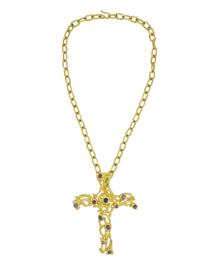 Vintage Jean Mahie 22k Gold Gemstone Cross Pendant Necklace