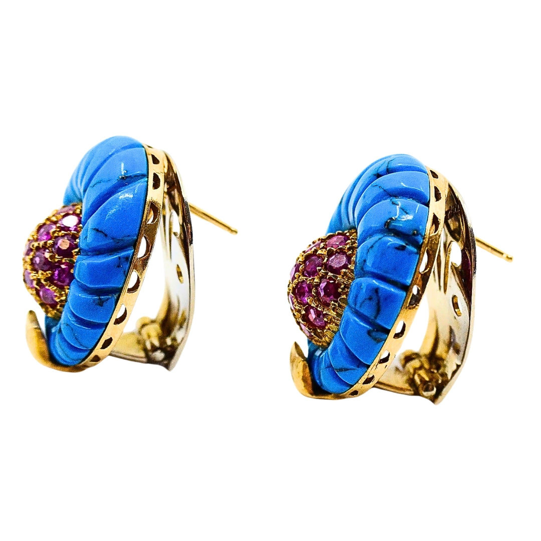 Vintage Carved Turquoise 18k Gold Ruby Stud Earrings
