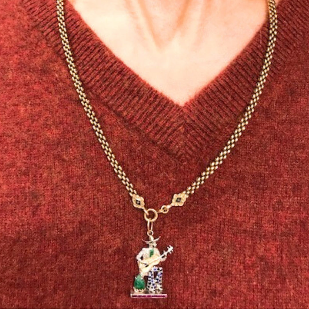 Antique 14k Gold Enamel Chain Necklace Platinum Pendant